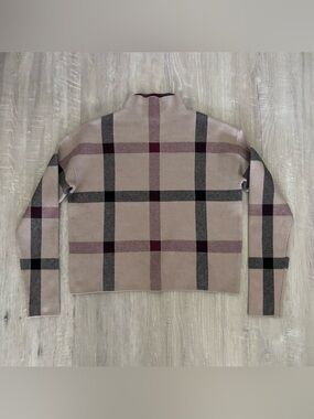 TAHARI Women’s Small Plaid Mock Neck Sweater Beige Long Sleeve Knit Preppy Tan